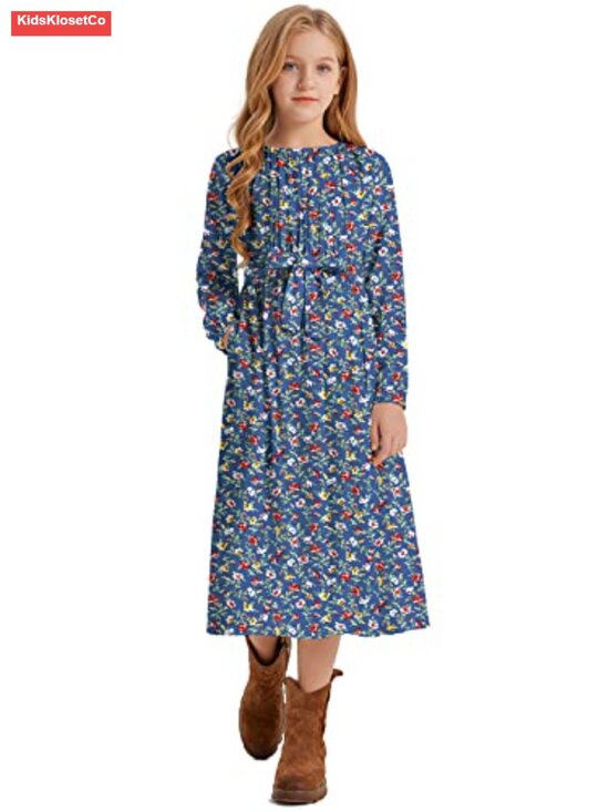 Other - Girls Floral Print A-line Swing Midi Dress with Pocket Long Sleeve
